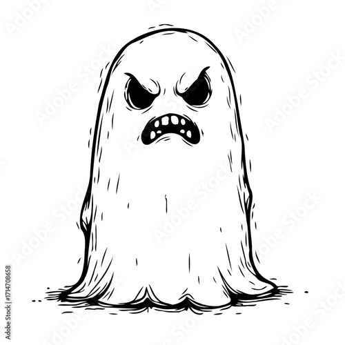 Whimsical spectral apparition with menacing expression floats in stark black and white design