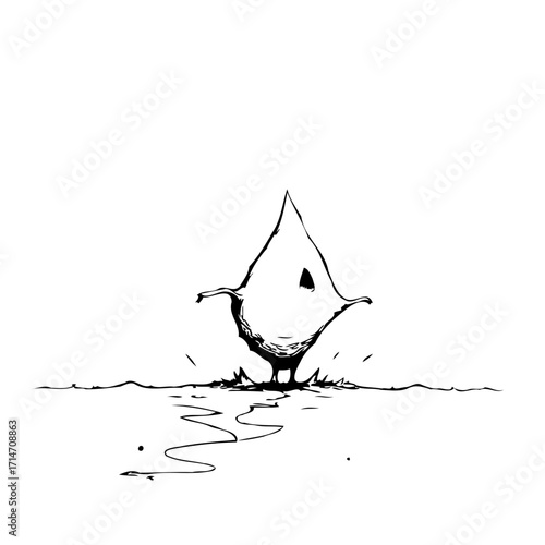 Whimsical water droplet character navigating abstract terrain on a minimalist landscape, ink