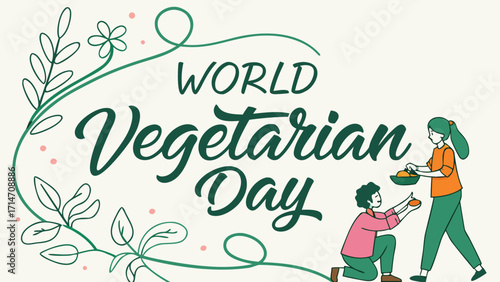 Vector illustration of World Vegetarian Day text for cards, stickers, for any type of artworks like banners and posters. Hand drawn calligraphy, lettering, typography for the holiday events.