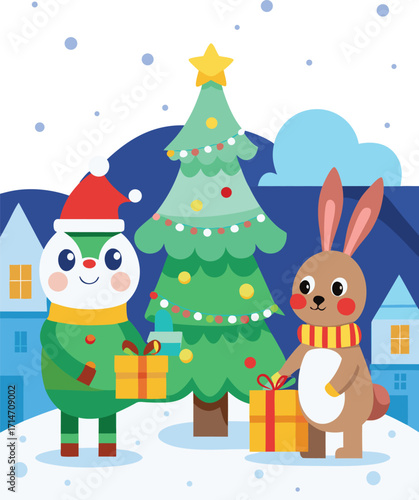 Cute christmas characters exchanging gifts under a decorated tree