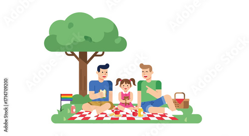 Vector art of two fathers and daughter having a picnic in a park with a rainbow flag
