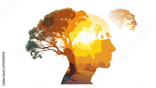 Human mind nature landscape tree silhouette artwork for mental health and wellness inspiration design art