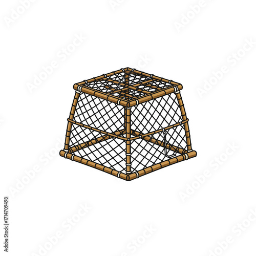 Cartoonstyle wooden crab trap with black netting and square shape.