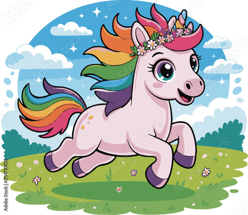 Cheerful cartoon unicorn with rainbow mane running in a grassy field Keywords: unicorn, running