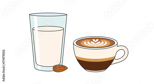 Glass of milk and coffee with almond on white background.