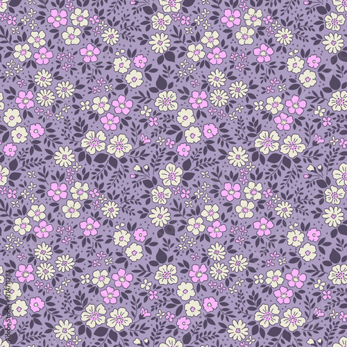 Cute floral pattern. Pretty flowers on gray purple background. Printing with small ivory and pink flowers. Ditsy print. Seamless vector texture. Spring bouquet. Vintage template prints. Stock delicate