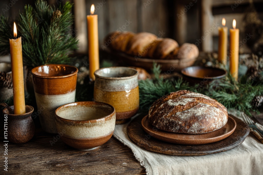 Fototapeta premium A loaf of bread sits near burning candles and bowls on a rustic table.