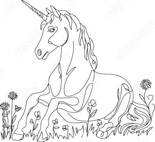 Single Line Drawing Unicorn Lying Down in Flowers on White Background mythical creature fantasy