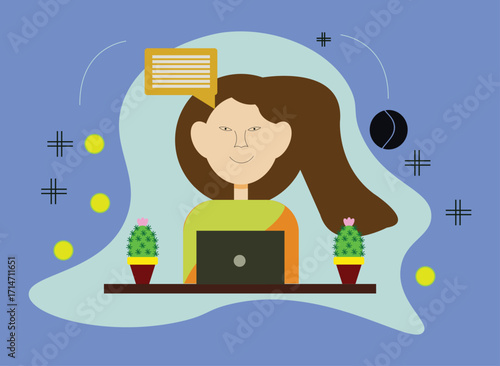 A woman working on her laptop with a speech bubble above her head, surrounded by abstract shapes and plants