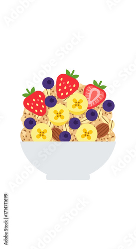 Bowl of cereal with strawberries blueberries and banana slices