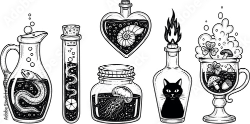 A mystical collection of hand-drawn witch's brew potion bottles, featuring magical ingredients for alchemy and sorcery