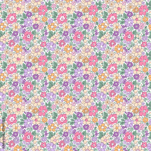 Beautiful floral pattern in small flowers. Small pastel orange, lilac and red flowers. White background. Ditsy print. Floral seamless background. Liberty template for fashion prints. Stock flowers art