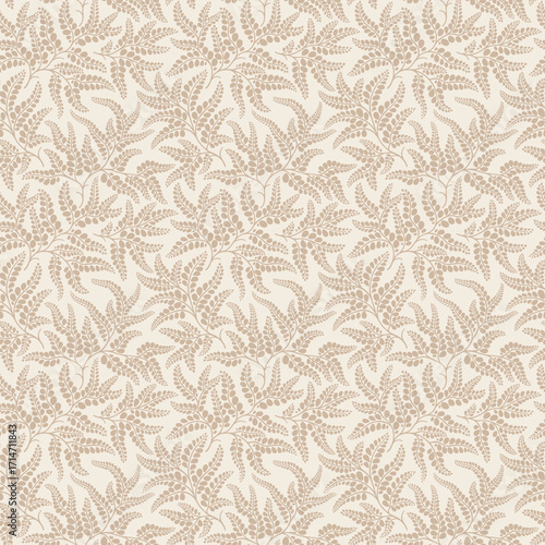Seamless pattern with leaves. Branches and leaves. Ivory background. Cute pattern with beige leaves. Floral endless pattern plants. Elegant template for fashion prints. Vector texture. Tropic floral.
