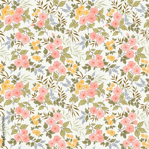 Vector seamless pattern. Vintage pattern in small flowers. Small pastel colors flowers. White background. Ditsy floral background. Delicate Easter template for fashion textile prints. Stock vector.
