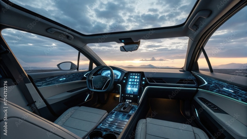 Naklejka premium A sleek car interior features modern design, illuminated controls, and panoramic views, embodying luxury and advanced technology.
