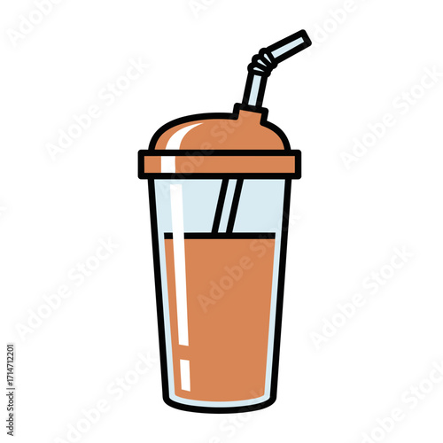 A clear cup with a brown drink and a straw.