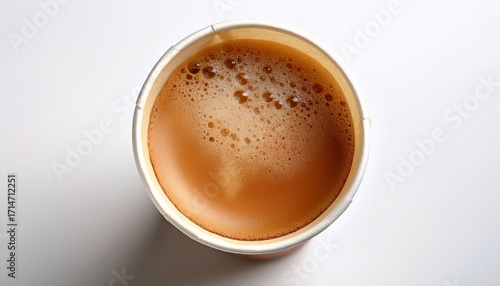 Close Up Of A Paper Cup Filled With Frothy Coffee On A White Background