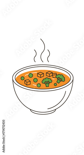 A steaming bowl of soup with visible ingredients and herbs.