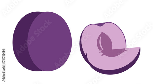 Whole and sliced purple plum on a white background.