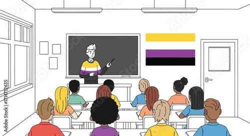 Vector art of teacher in a classroom with students, nonbinary flag displayed