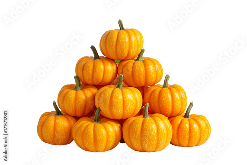 Stack of small orange pumpkins arranged in a pyramid shape isolated on a transparent background squash