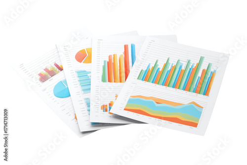 Stack of financial reports with colorful bar and pie charts isolated on a transparent background graph