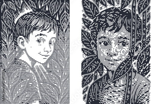 Shy Boy Peeking Through Jungle Leaves Lined Bitmap Art. Retro Monochrome Digital Illustration of a Child in Nature, a Mysterious and Nostalgic Graphic Design.
