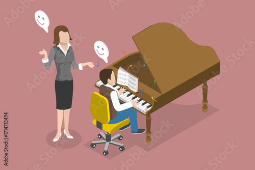 3D Isometric Flat Vector Illustration of Music Lessons, Educator Teaches Child Music And Instruments.