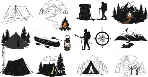 Camping adventure vector icons set with tent, mountains, campfire, hiking, canoe, lantern, compass, bear, forest, river, outdoor nature