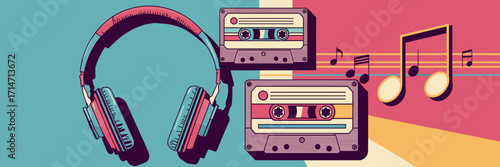 Colorful cassette tapes and headphones with music note retro design