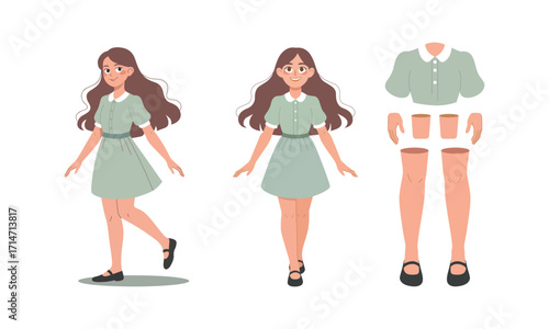 Animated Girl with Long Wavy Hair Posing and a Separated Body Parts Concept Illustration for a Paper Doll Creation or Design Project on a Clean White Background
