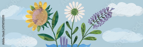 Hand-drawn wildflowers in a vase with watercolor texture – Perfect for home decor, floral greeting cards, or springtime promotions