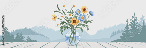 Wildflowers in vase with mountain landscape background – Suitable for travel illustrations, nature branding, or serene landscape artwork
