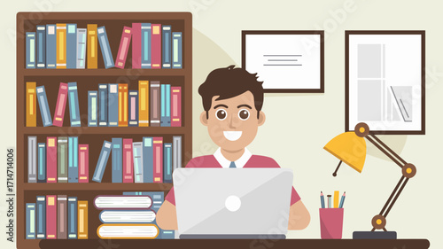 Online learning student at desk with books and laptop – Perfect for digital education, classroom graphics, or study-related content