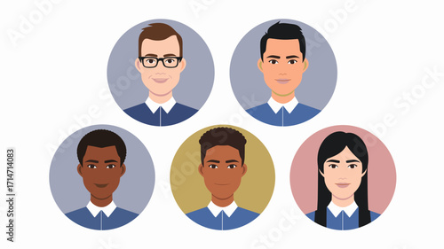 Flat vector illustration of diverse avatars in circular portraits – Great for diversity campaigns, education branding, or professional resources