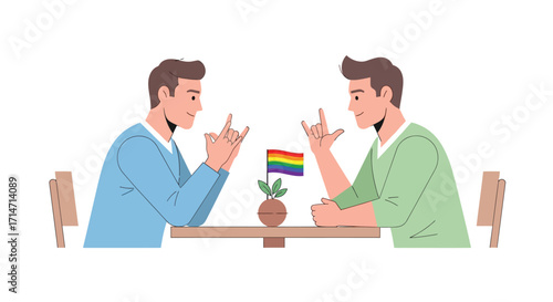 Vector art of two men sitting at a table signing with hands and a rainbow flag