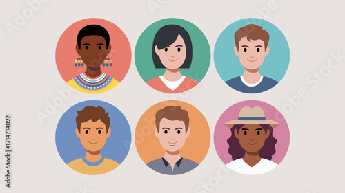Flat vector illustration of diverse people in circular avatars – Perfect for inclusivity campaigns, profile icon sets, or cultural branding