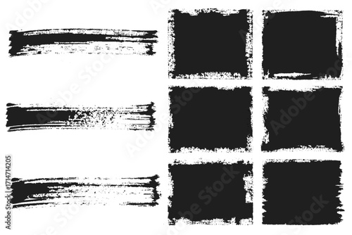 Vector black paint brush spots, Hand drawn Ink brush strokes texture. Black grunge rectangles. Square shape for text. Doodle rectangle pastel chalk elements. Brush frame box.