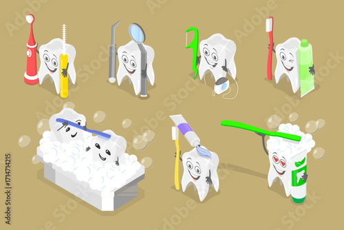 3D Isometric Flat Vector Illustration of Dental Care, Charming Animated Tooth Character