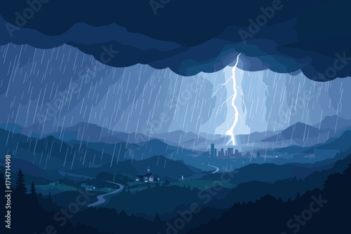 Dramatic lightning strikes above cityscape during heavy rainfall over rolling hills, a stunning weather phenomenon in rural landscape