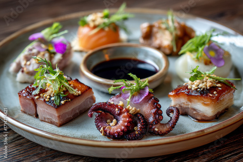 Wallpaper Mural Artistic appetizer platter with seafood and pork, garnished with herbs and flowers. Soy sauce included. Torontodigital.ca