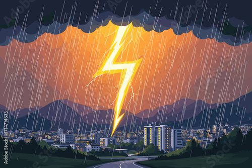 Vibrant lightning strikes over cityscape during heavy rain, creating dramatic urban scene with distant mountains and ominous clouds