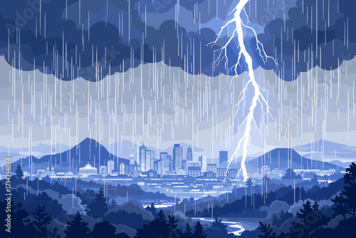 Dramatic thunderstorm over modern city skyline with rain and lightning strike, perfect for weather forecasts or environmental awareness campaigns