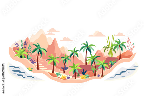 Explore a dreamy island paradise with palm trees, inviting waves, and majestic mountains for your creative designs and vacation vibes