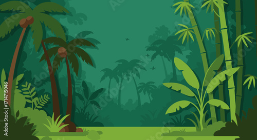 Lush jungle scene beckons with verdant palms and bamboo, offering an escape to tropical paradise for your next creative project