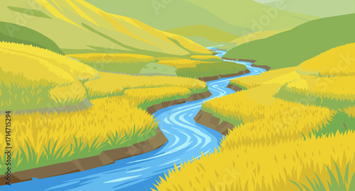 Serene winding river flows through golden fields and green hills, a peaceful landscape perfect for nature, travel, and relaxation themes.