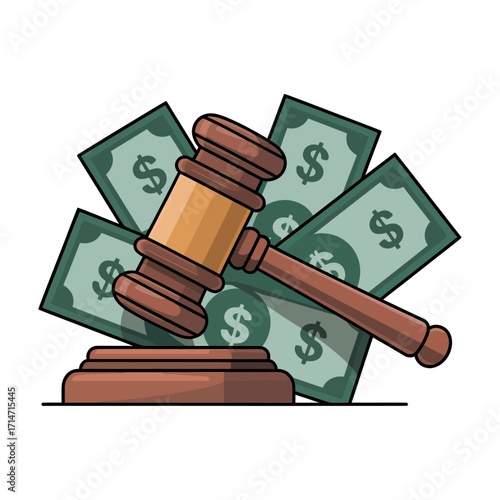 auction gavel with dollar money illustration symbolizing law justice finance bidding and business