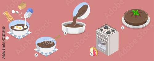 3D Isometric Flat Vector Illustration of Baking Recipe, Homemade Chocolate Cake to Bake At Home