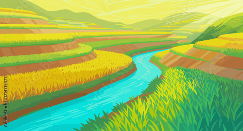 Serene rice terraces cascade down the hillsides, a tranquil river winds through the lush landscape, bathed in warm sunlight, scenic beauty