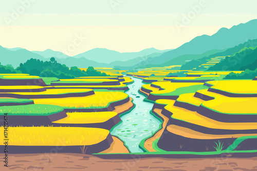 Scenic rice terrace landscape with river and mountains creating a serene and inspiring natural environment for travel and agricultural projects